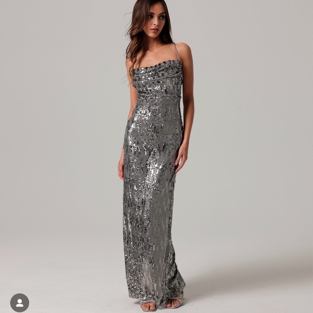Line and Dot Cache Sequin Dress in Gunmetal